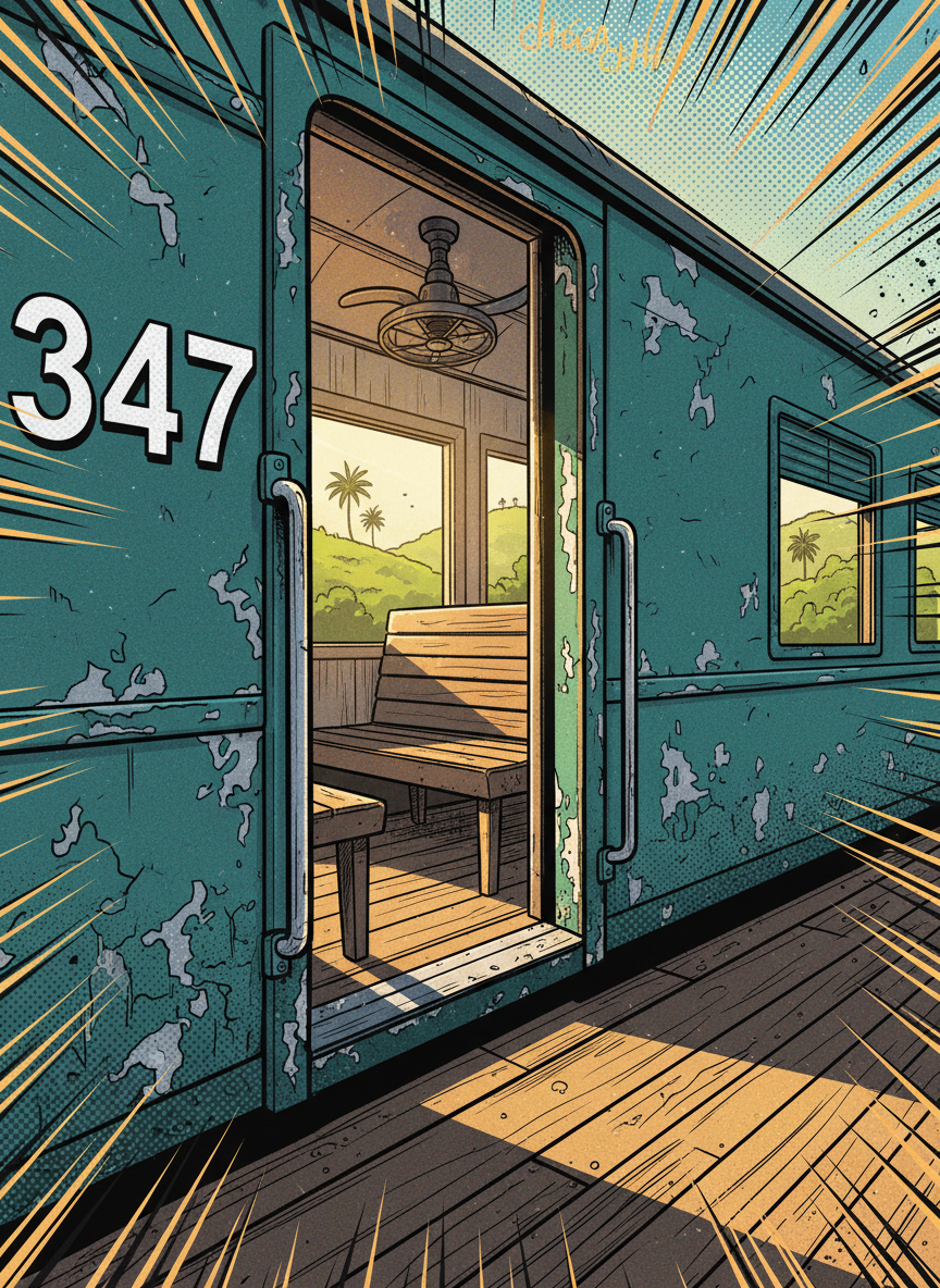 A vintage, slightly battered Sri Lankan railway carriage door drawn in dynamic comicbook style, its teal paint chipped to reveal streaks of metal beneath, with bold white carriage numbers outlined in black. The door is half open, revealing a tantalizing sliver of interior: wooden bench seats, overhead fan, and a glimpse of open window framing green, blurred tea hills beyond. Warm, low golden-hour light pours from outside, rim-lighting the door edges and throwing long, dramatic shadows on the carriage floor. The viewpoint sits at doorway height, inviting the viewer to imagine hopping aboard. The mood is nostalgic yet playful, mixing romantic train travel with a hint of mischief. Background details are simplified into stylized speed lines and halftone gradients to suggest motion.
