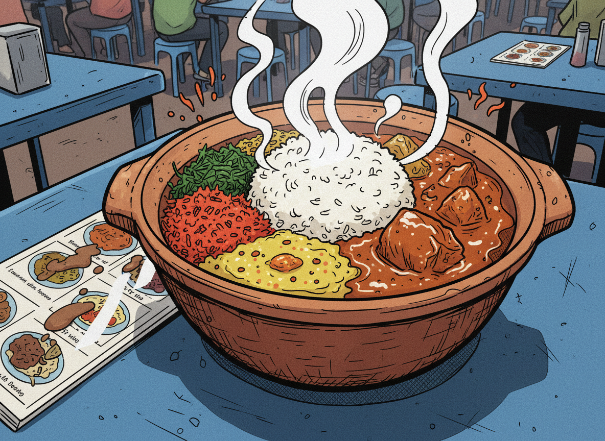 A steaming clay pot of Sri Lankan rice and curry rendered in bold comicbook style, the earthenware surface textured with thick ink lines and warm, rusty browns. Surrounding the mound of fluffy white rice are distinct little islands of color: fiery red coconut sambol, bright yellow dhal, deep green leafy mallung, and a glossy auburn curry gravy, each outlined in black with playful cross-hatching to suggest spice and heat. The dish sits on a simple blue plastic table beside a laminated menu flecked with imaginary splashes. Overhead fluorescent lights create stark, graphic reflections and strong edged shadows, amplifying the street-food vibe. Shot from a slightly elevated three-quarter angle, the frame is tight and intimate, evoking the thrill of sitting in a tiny local joint far from tourist strips.