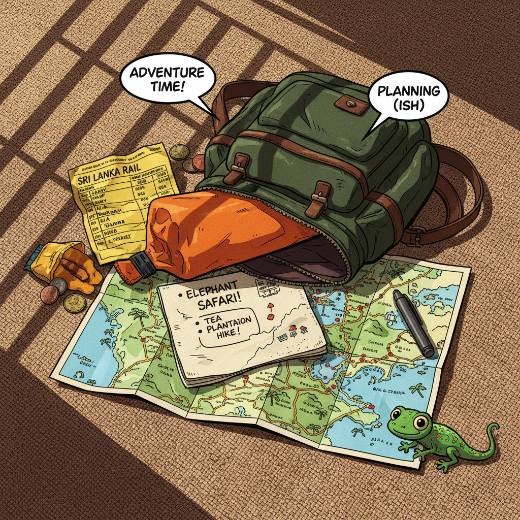 A playful comicbook-style still life of an independent traveler’s Sri Lanka daypack dumped open on a woven reed mat in a quirky guesthouse room. Out spills a crumpled printed train schedule, a bright orange waterproof dry bag, a hand-drawn itinerary sketched on a napkin, and a weathered map with thick black routes sketched across hill country and coastline. A tiny illustrated gecko peeks from beneath a map corner, adding local flavor. Late-morning light filters through slatted wooden shutters, casting striped shadows and dramatic inked highlights across every object. Shot from directly overhead with sharp focus, the composition uses asymmetrical balance to make the open pack feel like organized chaos. The mood is mischievous and resourceful, embodying DIY travel and happily imperfect planning.