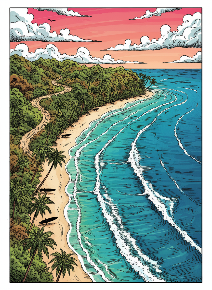 A high, sweeping comicbook-style bird’s-eye view of a secluded Sri Lankan surf bay, the crescent shoreline drawn with thick ink curves and the ocean rendered in layered turquoise and deep blue bands with dynamic, exaggerated waves. Tiny, stylized silhouettes of surfboards rest under cartoonishly tall coconut palms, beside a narrow sandy track leading into lush, scribbled jungle. Early-morning sunlight spills from the horizon, turning the sky a gradient of peach and electric pink, with bold black outlines defining clouds. The composition follows the curve of the bay using rule of thirds, creating a sense of open, unclaimed freedom. The mood is quietly rebellious and inviting, like a secret spot shared only by those who zig where the crowds zag, celebrating offbeat independent exploration.